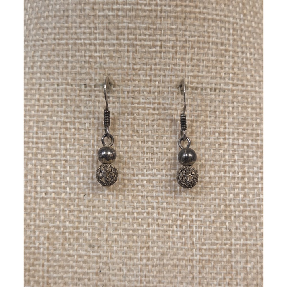 Vintage Oxidized Sterling Silver Dangle Ball Earrings Filigree 925 Thai